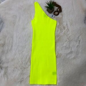 New Look Neon Yellow 80’s Ribbed Bodycon One Shoulder Dress Costume Halloween